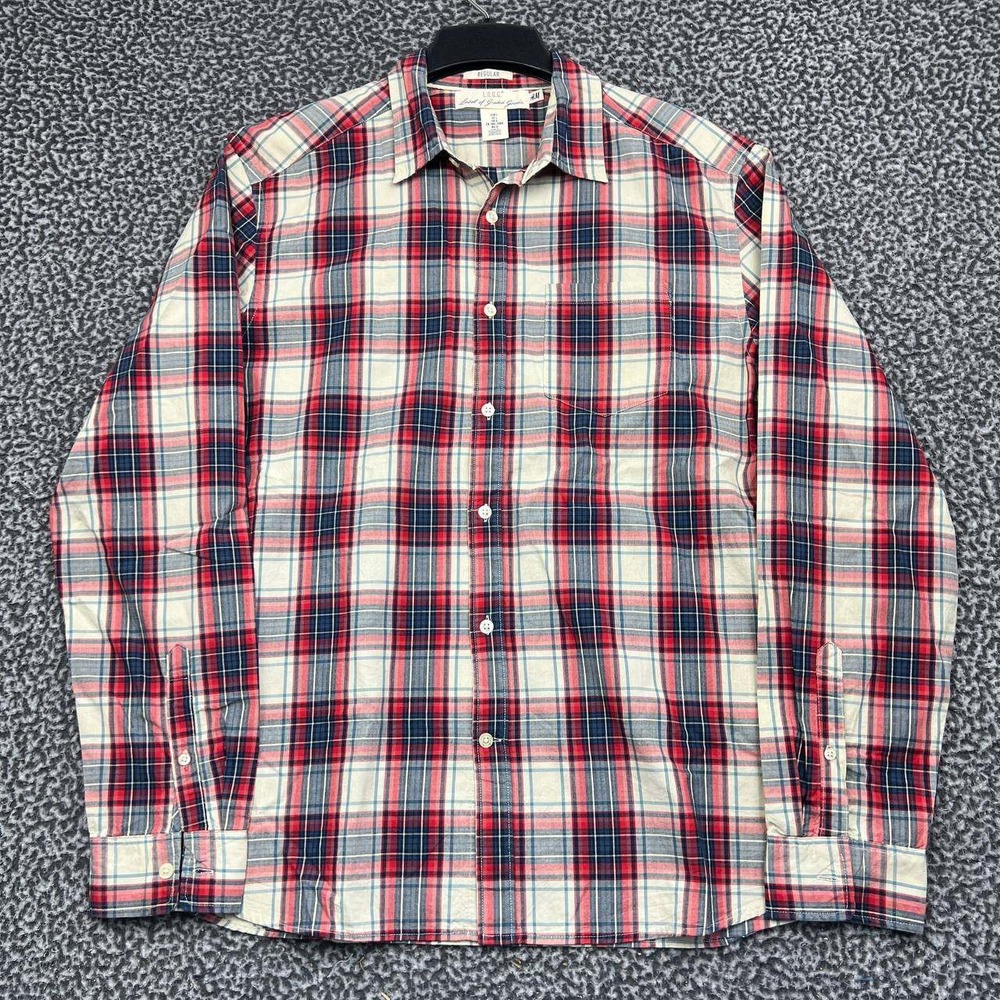 HM LOGG Button Up Shirt Men Large Regular Fit Plaid Red Blue White Cotton L